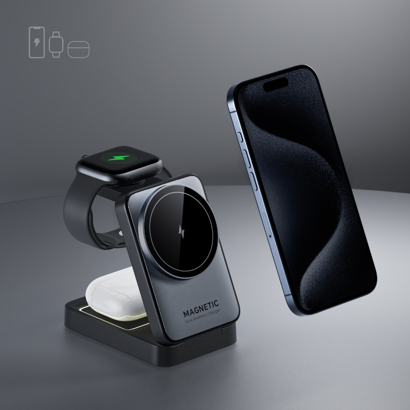Folding Magnetic Three-in-one Wireless Charger 15W Fast Charge Multifunction Bracket
